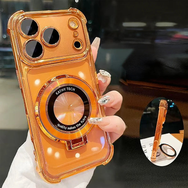 An orange iPhone magnetic stand case with a kickstand is held in a hand, showing the lens protection feature.
