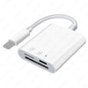 A white 4-in-1 Lightning card reader device with a flexible cable shown from above.