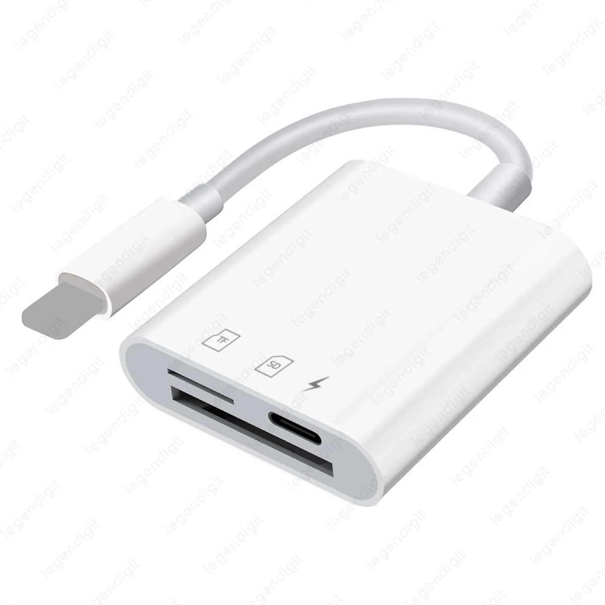 A white 4-in-1 Lightning card reader device with a flexible cable shown from above.