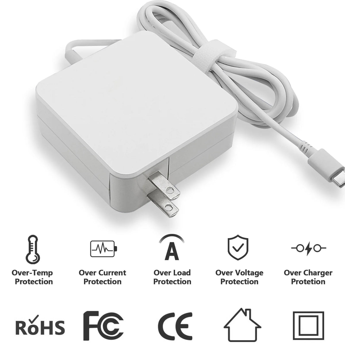 Adaptateur secteur USB-C blanc 65W pour ordinateur portable avec câble et certifications de sécurité