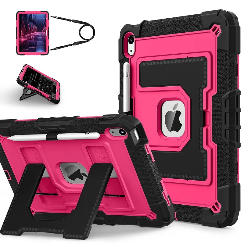 A pink universal protective case for an Apple iPad is shown with accessories and a separate device.