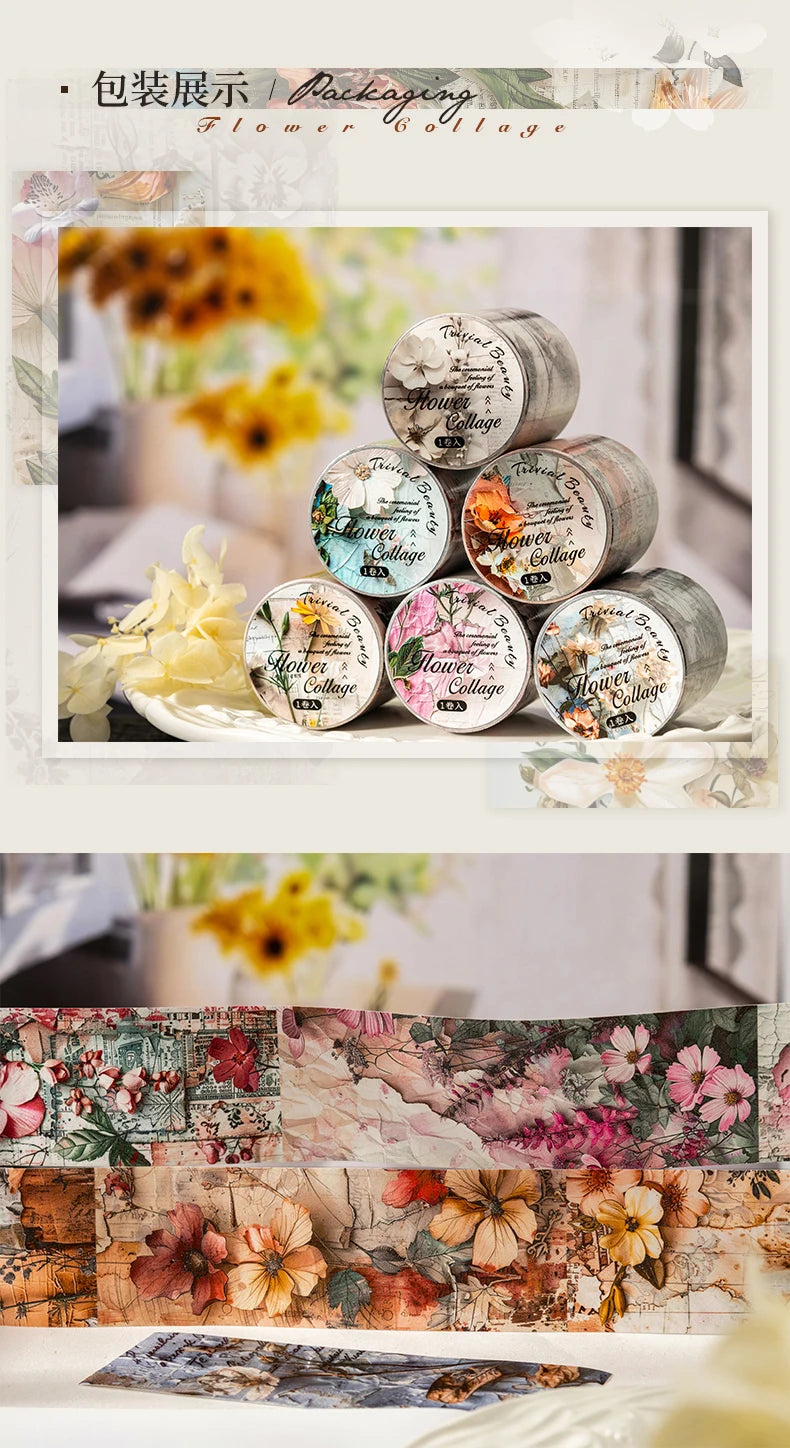 A collection of decorative washi tape rolls featuring floral designs and collage patterns for scrapbooking.