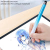 A hand holds a blue stylus pen writing on a tablet screen.