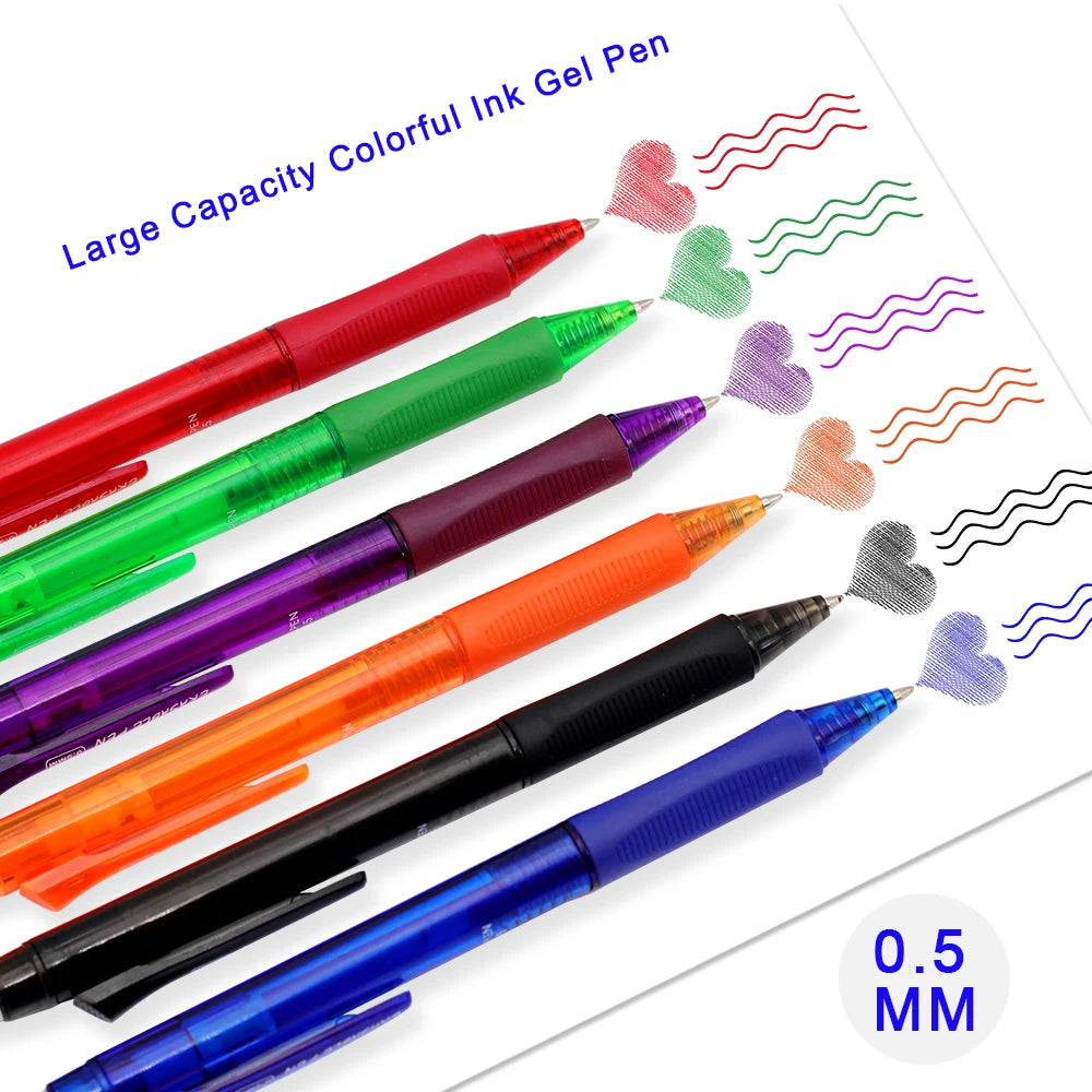 A collection of large capacity colorful ink gel pens with various colors and tips shown on a white background.