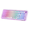 Transparent purple mechanical keyboard with RGB lighting and a knob.