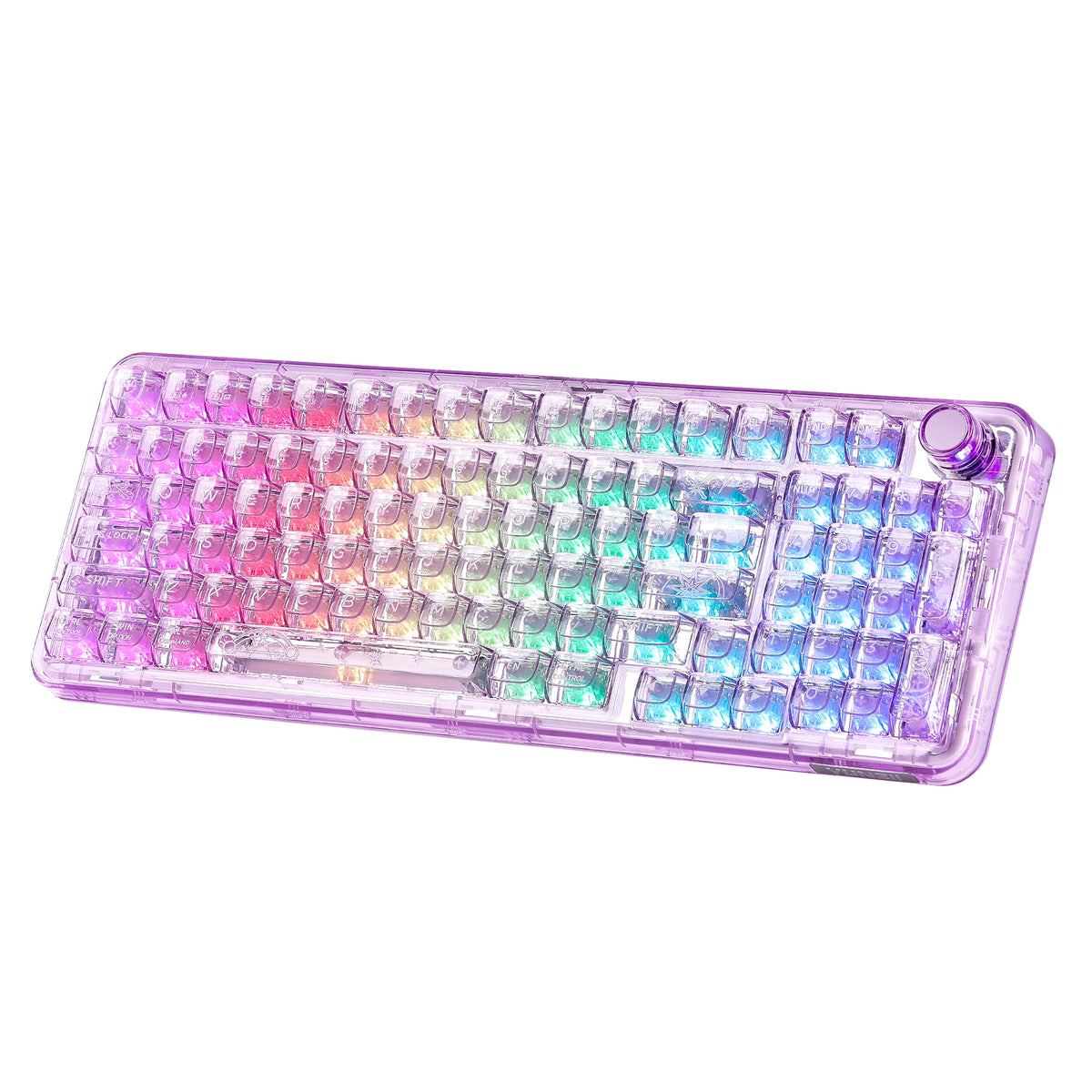 Transparent purple mechanical keyboard with RGB lighting and a knob.