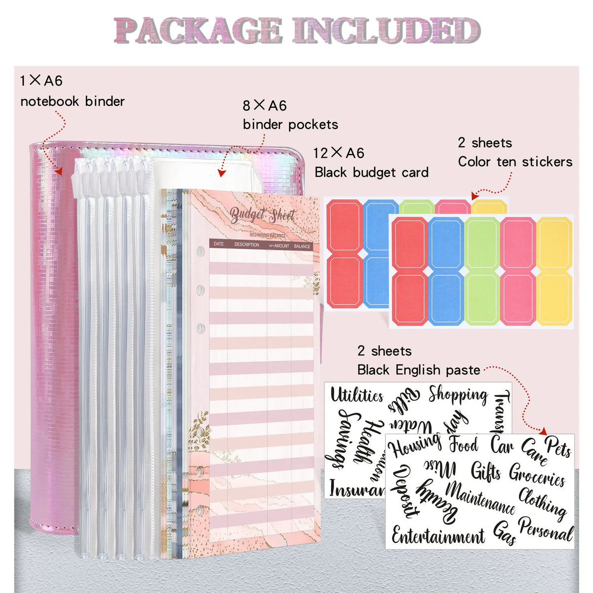 Un set de planificateur et organisateur d'argent A6, comprenant un classeur, des pochettes, des feuilles, des autocollants et