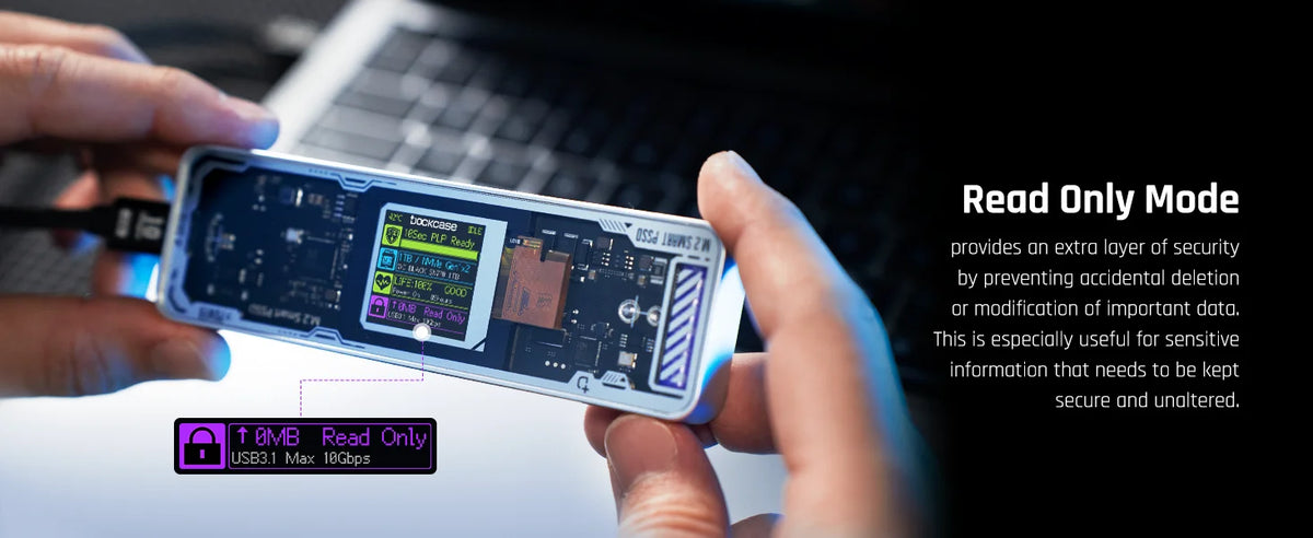 A hand holds a laptop and displays a portable device showing Read Only Mode features for data security.