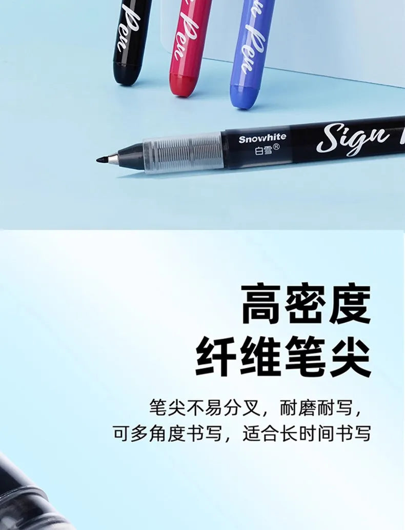 A close-up shot of a black Signwhite pen with a silver barrel and a fiber tip, displayed against a light blue background.