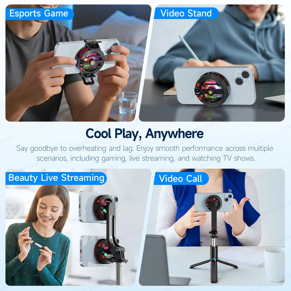 A magnetic semiconductor phone cooler is shown being used for gaming, live streaming, and video calls.