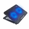 A black adjustable metal laptop cooling pad with integrated blue LED fans.