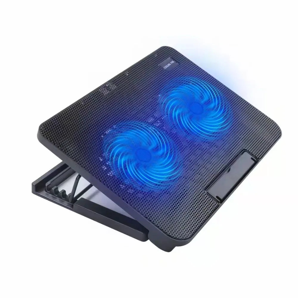 A black adjustable metal laptop cooling pad with integrated blue LED fans.