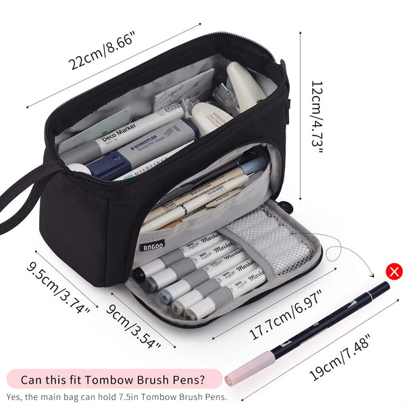 Une trousse noire ouverte montrant divers stylos et marqueurs à l'intérieur.