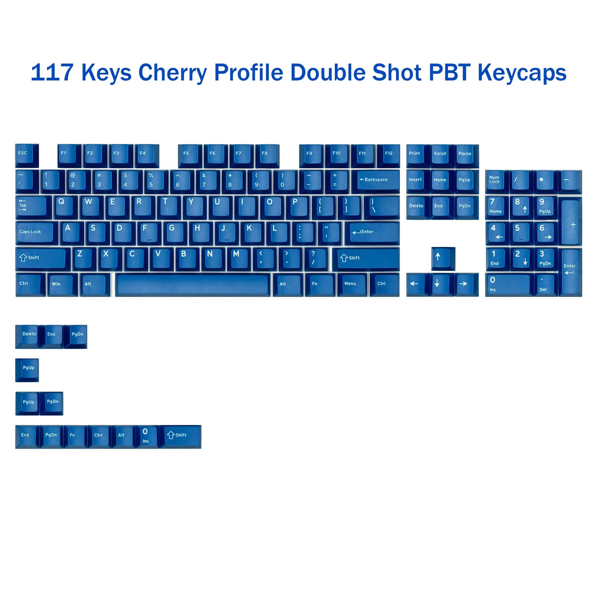 A set of 117 dark blue PBT keycaps with cherry profile for mechanical keyboards