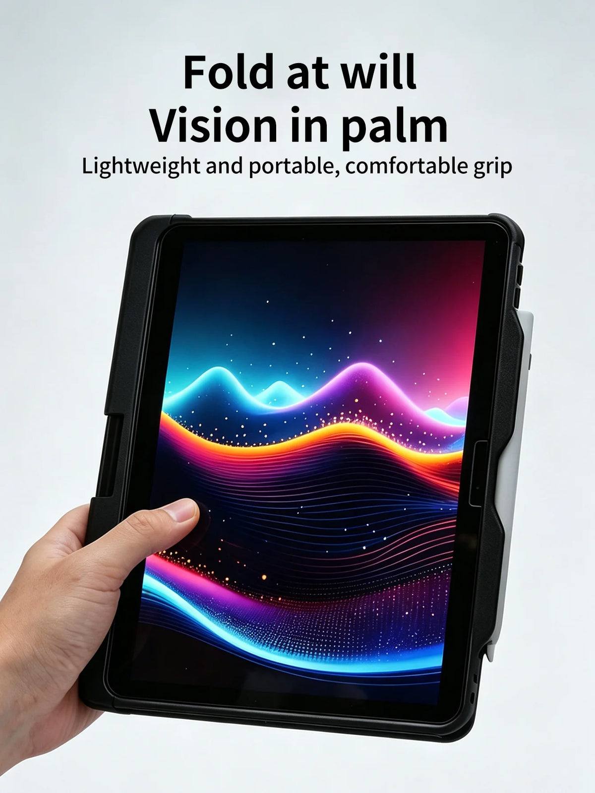 A hand holds a black tablet case with an illuminated screen displaying a colorful landscape.