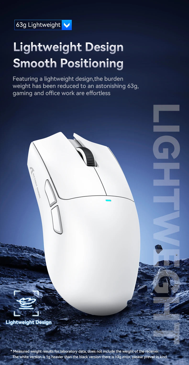 A white Attack Shark X11 SE wireless gaming mouse is shown against a dark, rugged background.