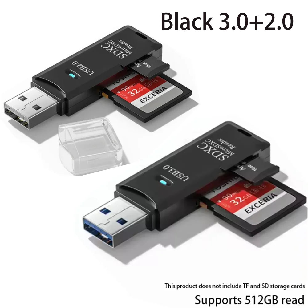 Black 3.0+2.0 SDXC card reader with an integrated flash drive function