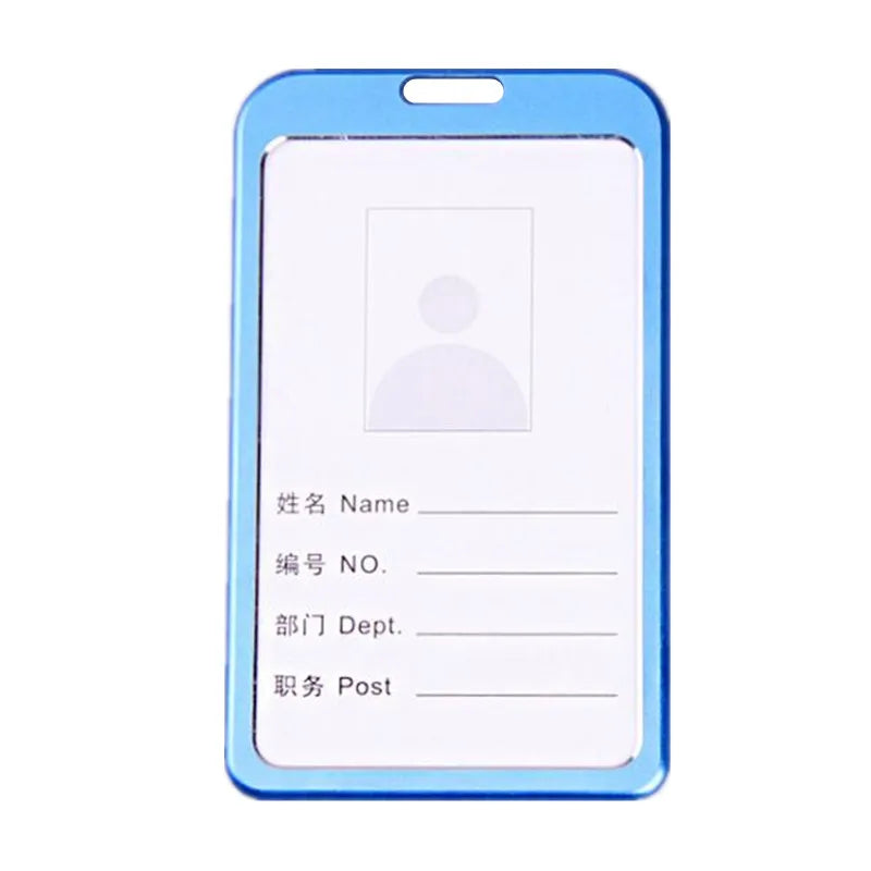 Porta de identificación de plástico azul con ventana transparente que muestra una silueta de una persona.