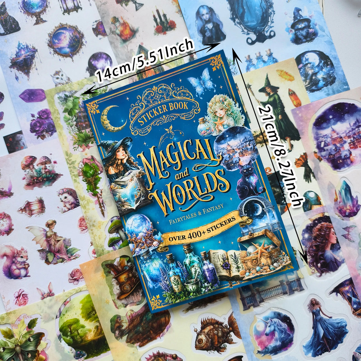 A colorful sticker book titled Magical and Worlds featuring fantasy and fairy tales illustrations.