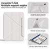 White Y-fold versatile case for Apple iPad showing multiple screen angles and usage examples