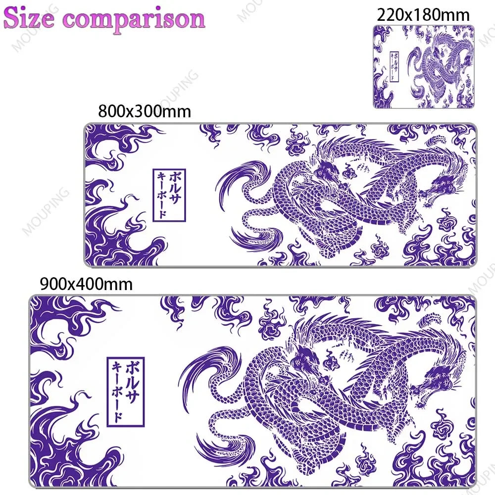 A purple and white Japan-style gaming desk mat featuring a detailed dragon design.
