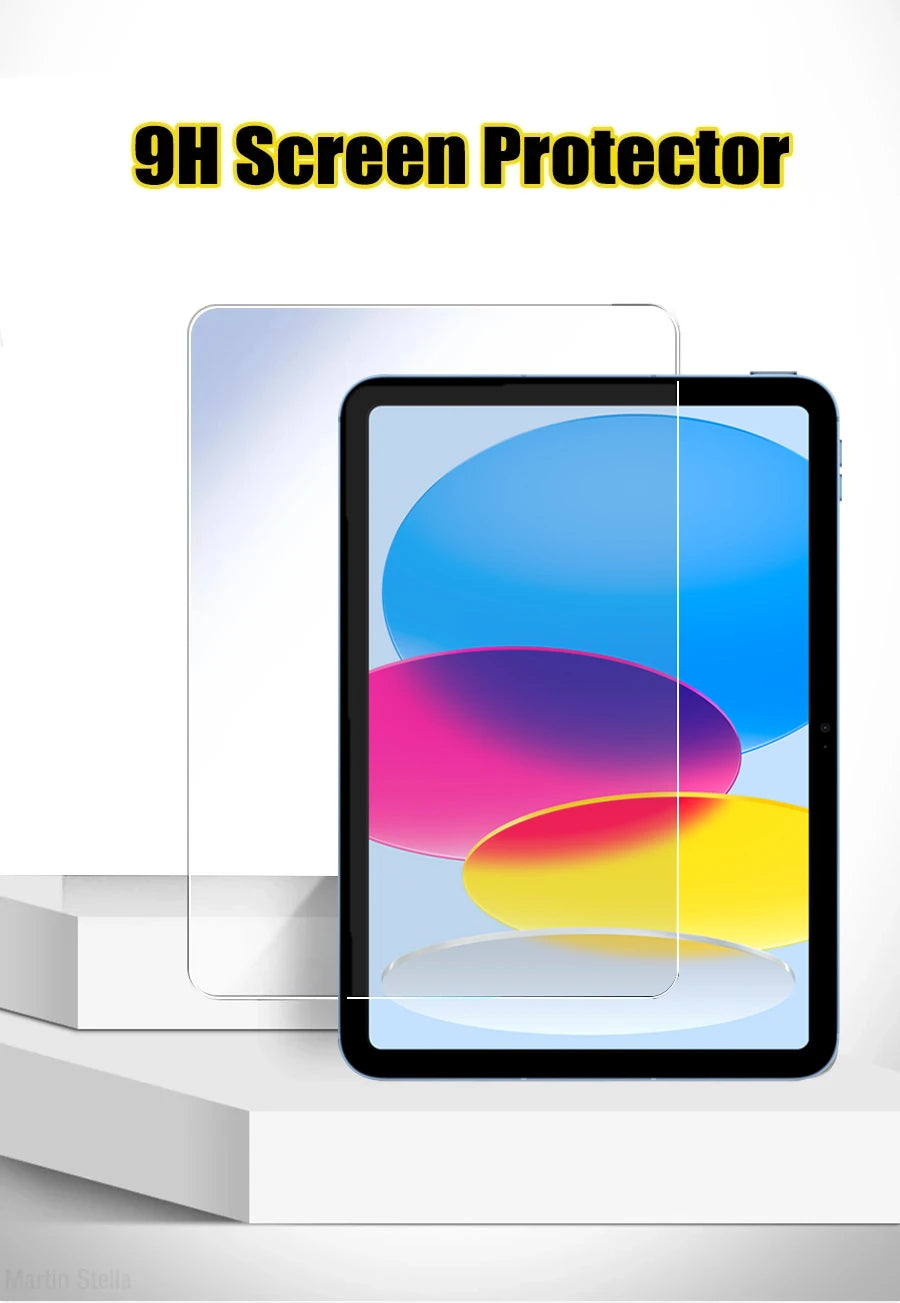 Un protector de pantalla transparente aplicado a un iPad, mostrando gráficos abstractos coloridos.