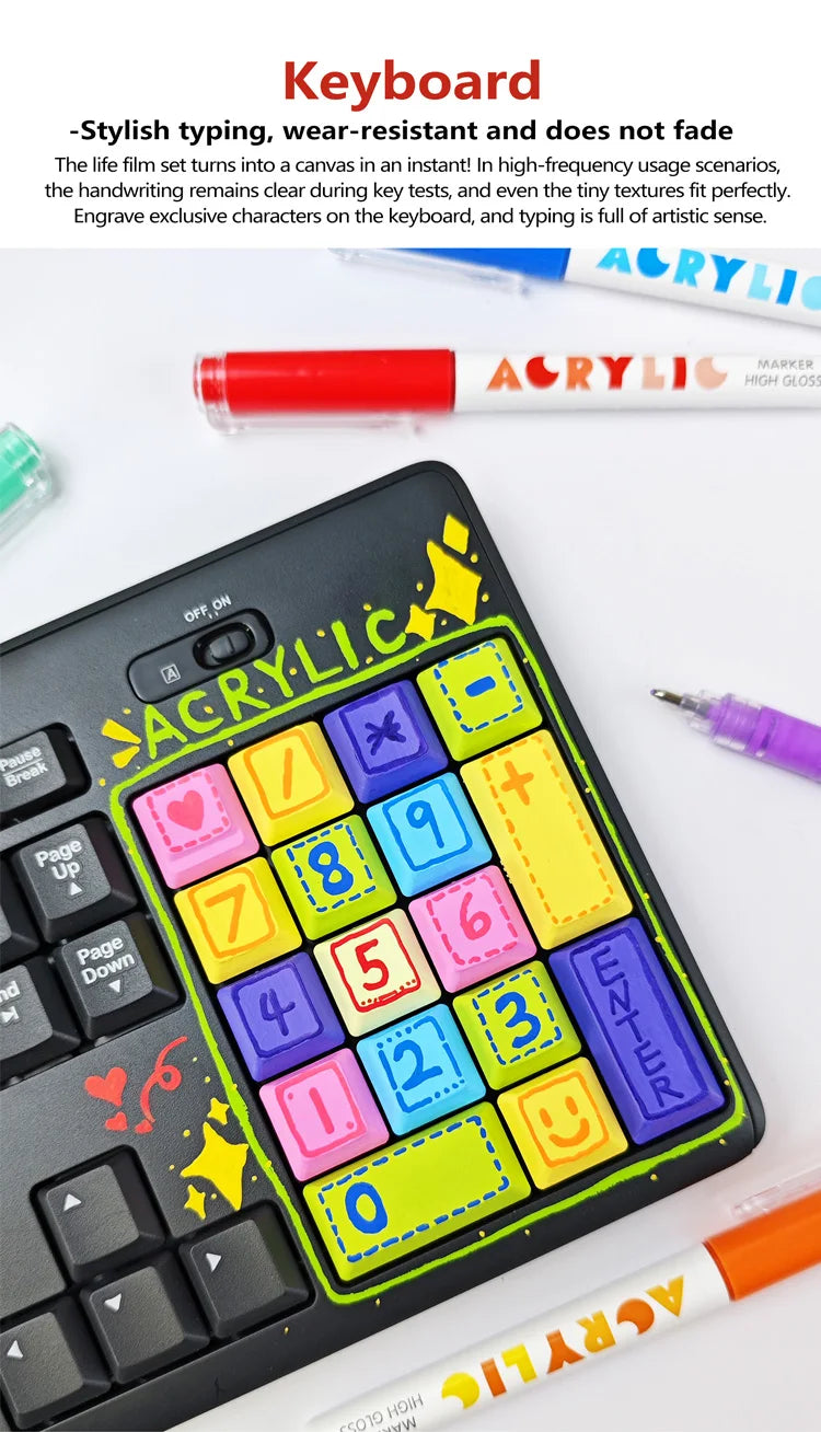 A close-up of a black keyboard featuring colorful acrylic marker pens and a yellow pencil, demonstrating stylish typing and a