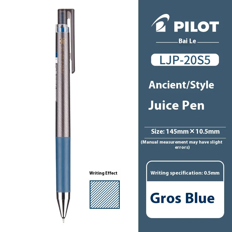 A silver and blue Pilot LJP-20S5 juice pen with a blue barrel and silver tip.