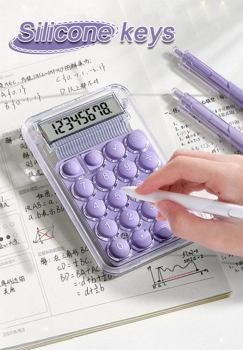 A close-up of a purple silicone keys calculator displaying the number 12345678 on a white background.