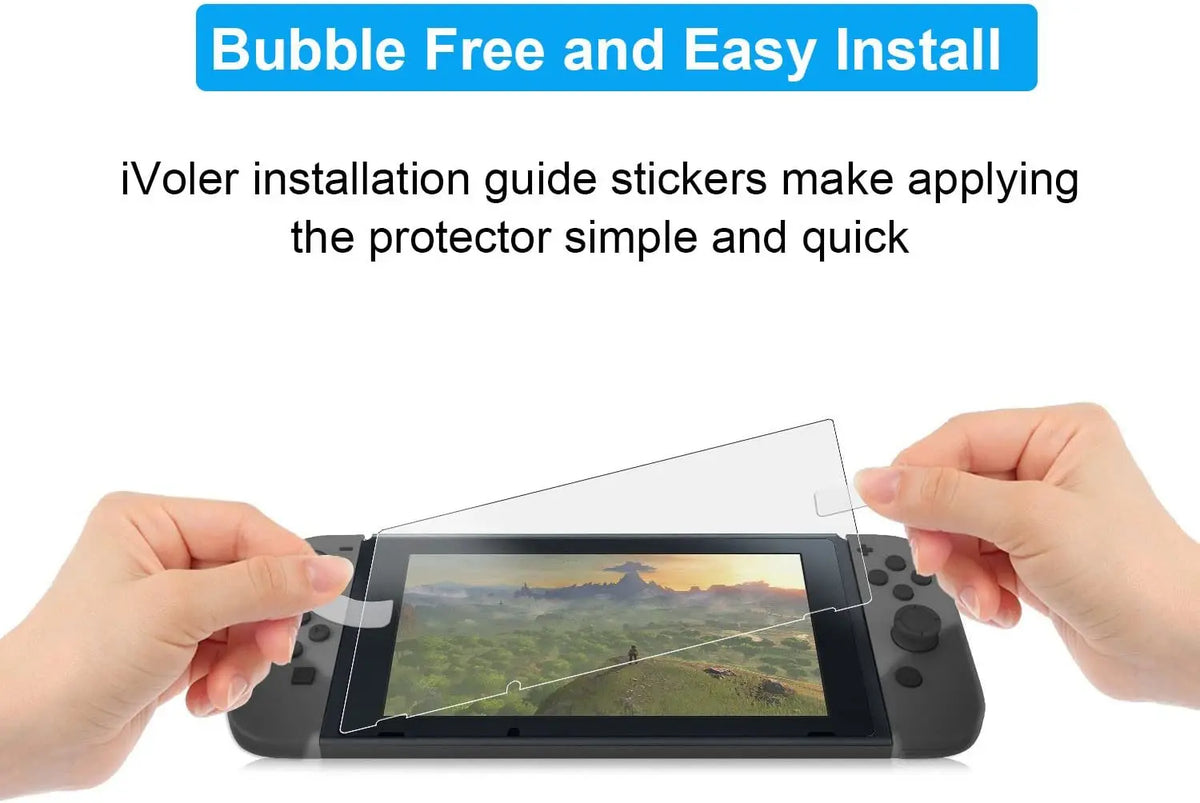 Hands apply bubble free stickers to a Nintendo Switch screen with a clear protector.