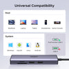 محوّل USB-C أرجواني متعدد المنافذ وكابلات بجانب أجهزة مضيفة مختلفة.