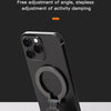 A black smartphone is shown with a magnetic stand attached, demonstrating a damping dual axis free folding feature.