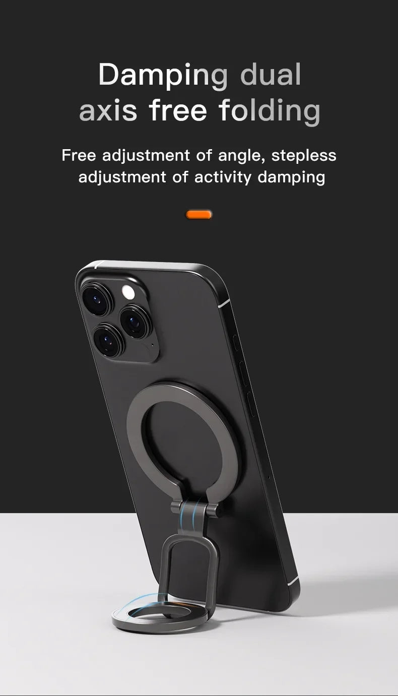 A black smartphone is shown with a magnetic stand attached, demonstrating a damping dual axis free folding feature.