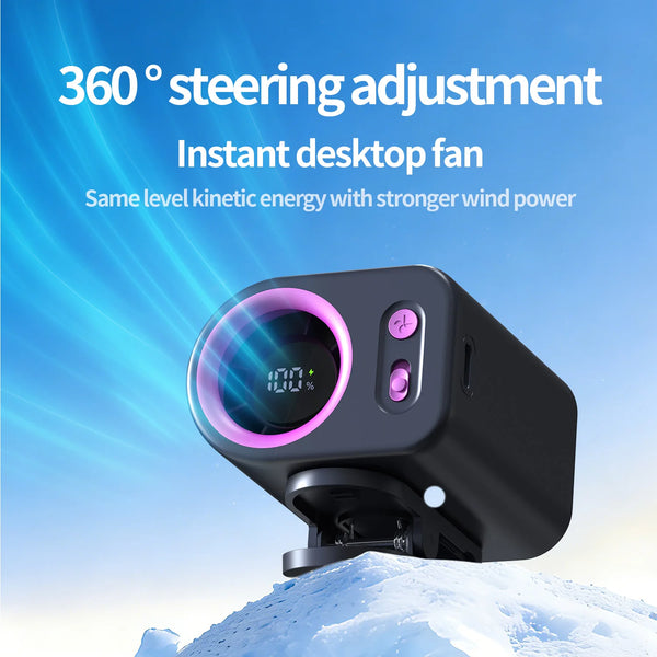 Ventilateur de bureau noir à pince avec lumière circulaire et indicateur d'alimentation, sur fond enneigé.