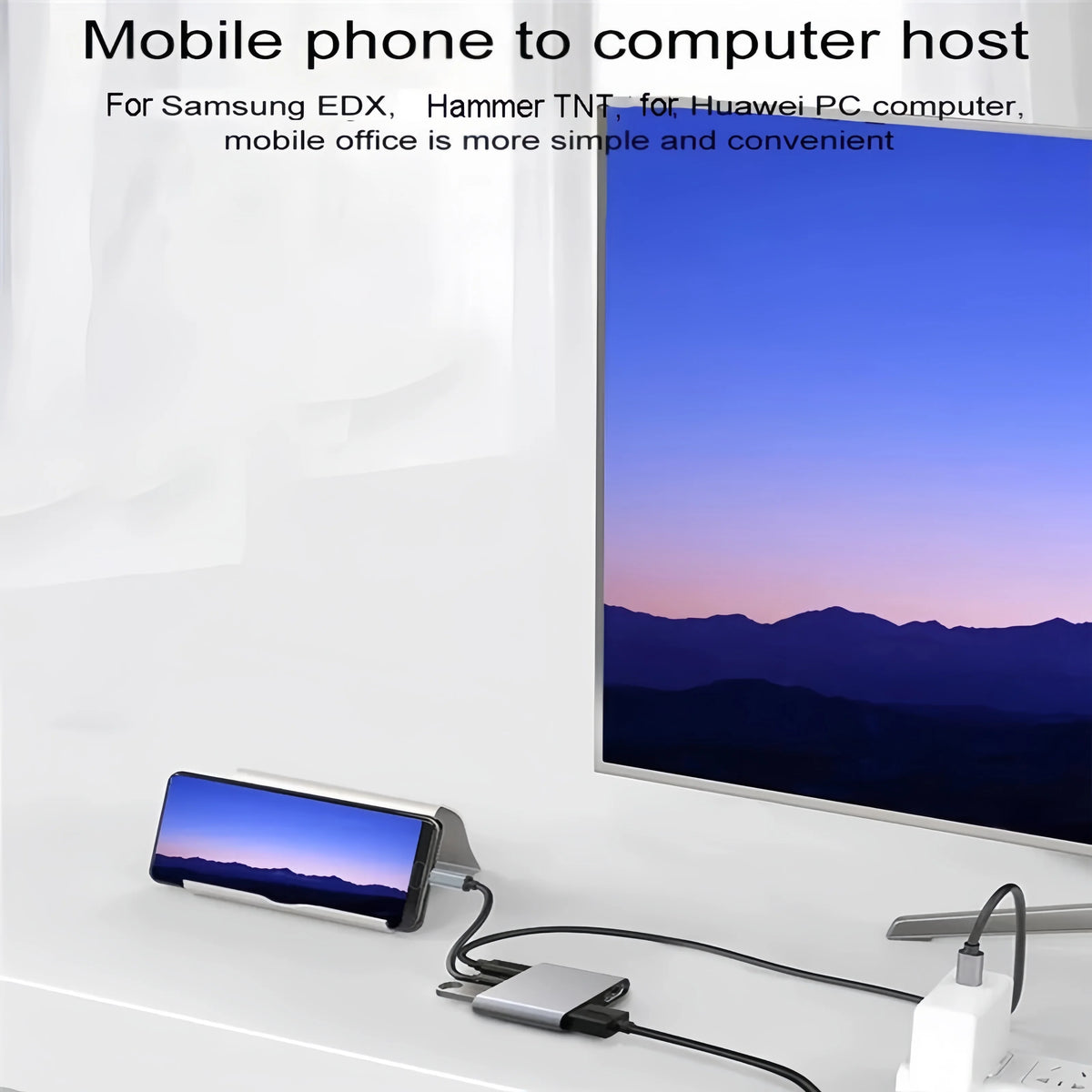 A mobile phone is connected to a 4-in-1 USB-C docking station for transferring data to a computer host.