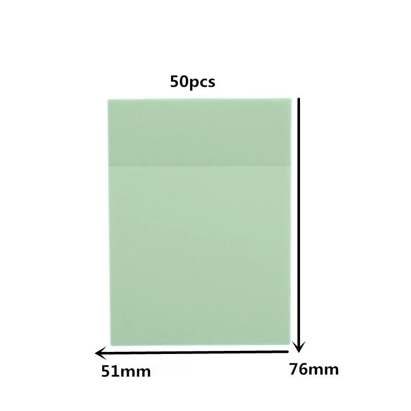 A rectangular sheet of light green transparent sticky note memo pad with dimensions 51mm by 76mm.