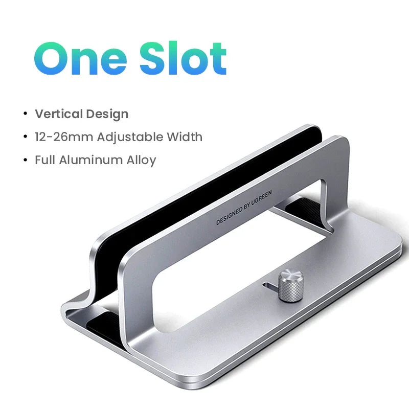 A silver aluminum alloy vertical laptop stand with an adjustable width slot for holding a device.