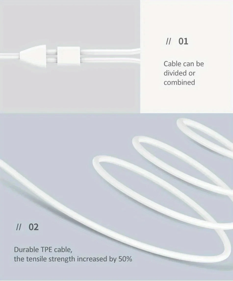 Câble TPE blanc et durable avec connecteur, illustrant sa possibilité de division ou de combinaison.