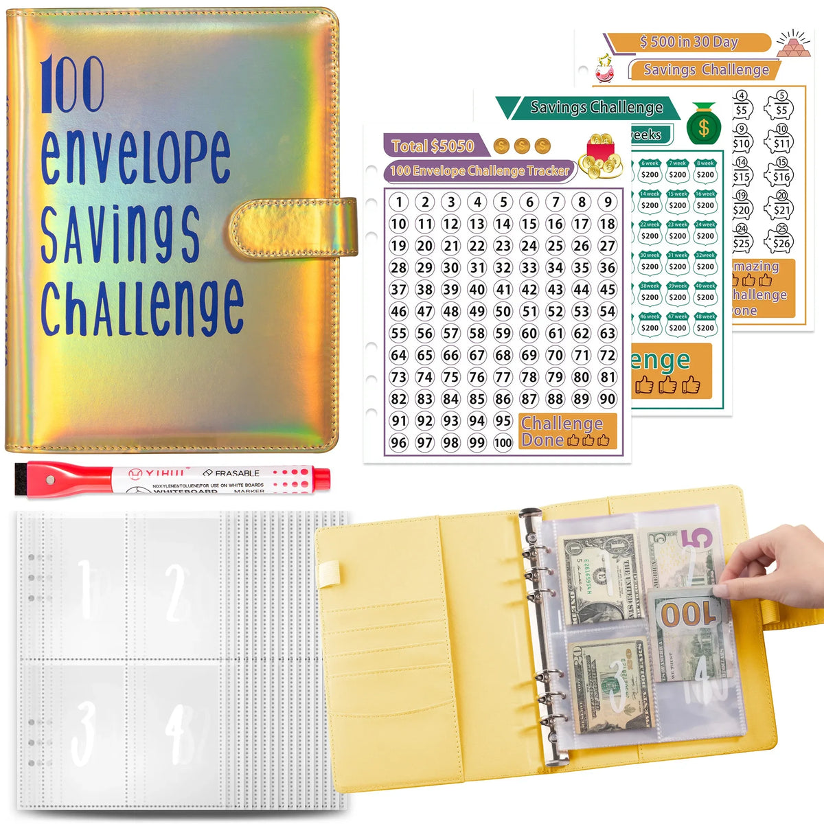 Gelbes Budgetordnersystem mit Umschlag für Spar-Challenge und Bargeldinsätzen.