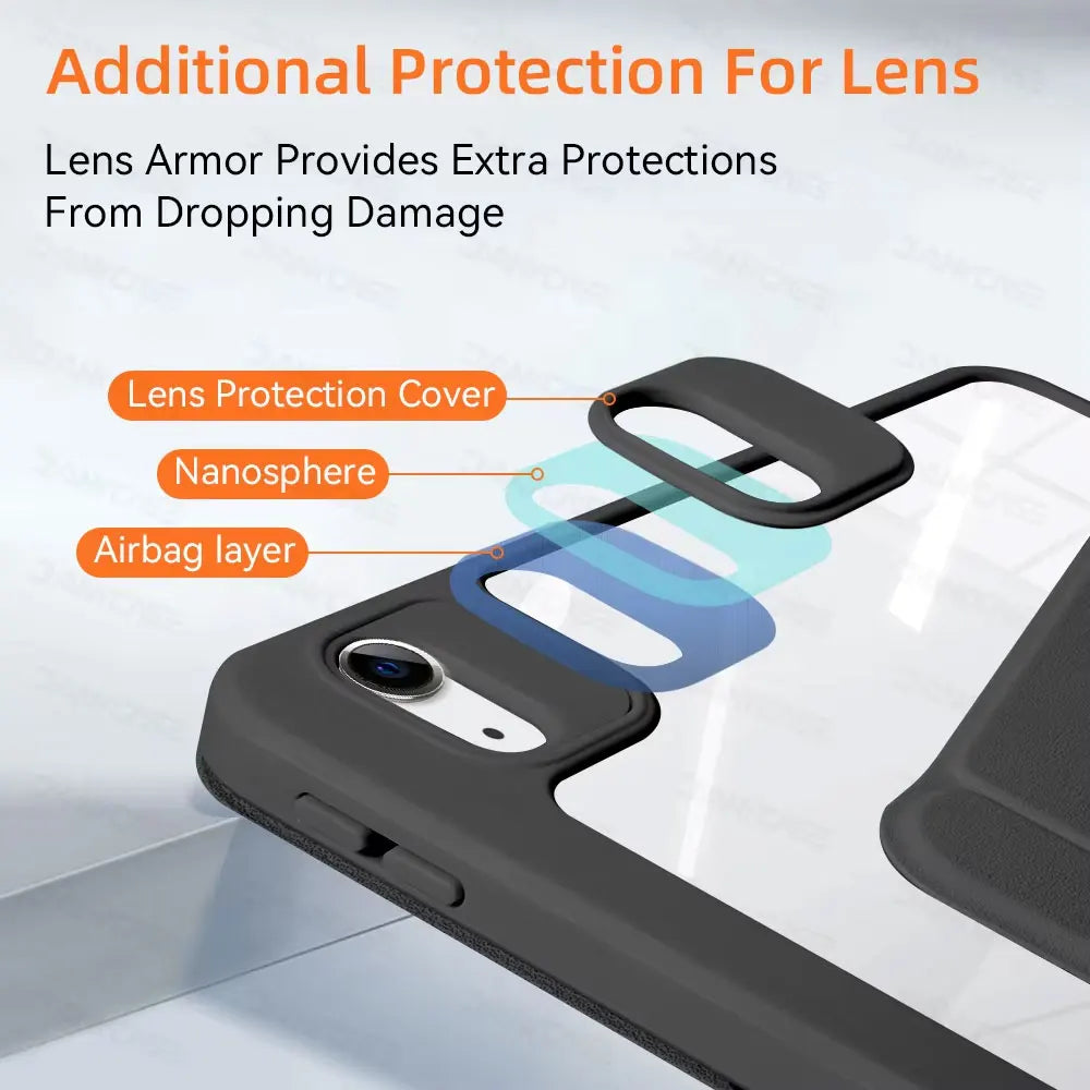 A close-up view of a black protective case for a device, showing layers like a lens protection cover and airbag layer.