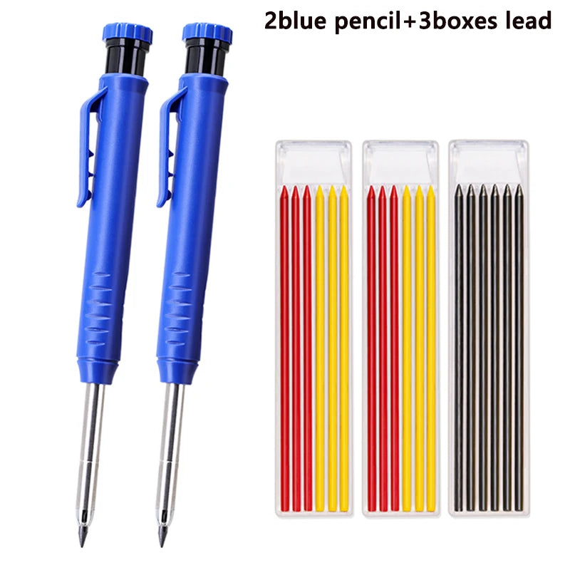 Ein Set aus zwei blauen Bleistiften und drei Kartons mit Bleistiften für das Holzhandwerk.