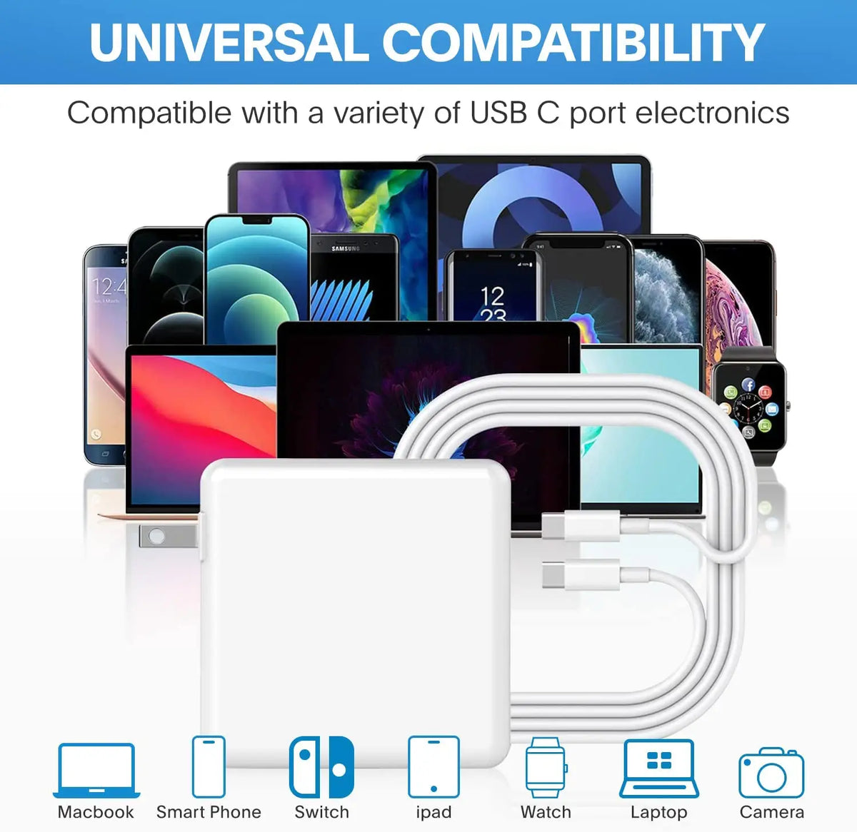 محول طاقة عالمي أبيض من نوع USB-C مع كابلات متعددة بجوار أجهزة إلكترونية مختلفة.