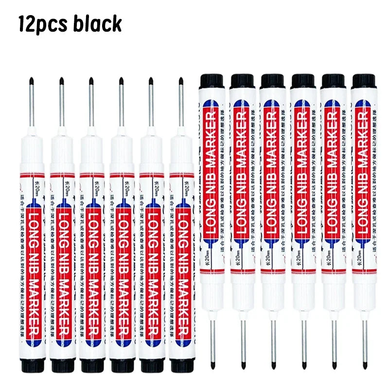 Twelve black long nib marker pens for deep hole marking on metal and wood.