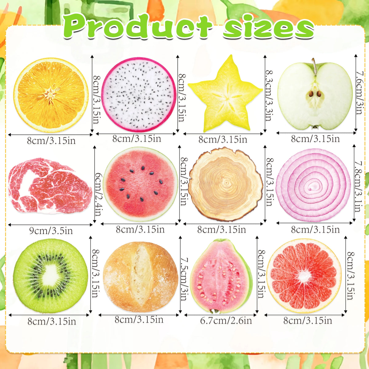 A grid showing various fruit-shaped sticky notes including orange, watermelon, kiwi, apple, and citrus slices.