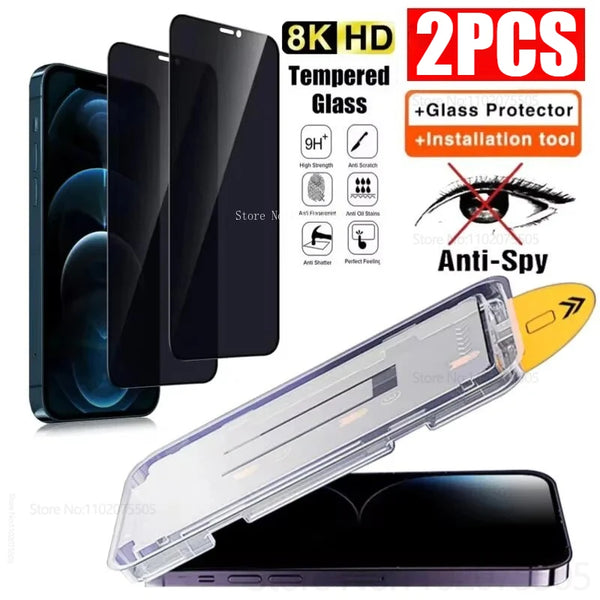 Two black tempered glass screen protectors and an installation tool for mobile devices