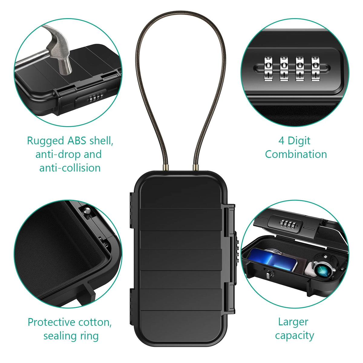 A black portable combination lock box showing its rugged shell, digit combination panel, and protective features.