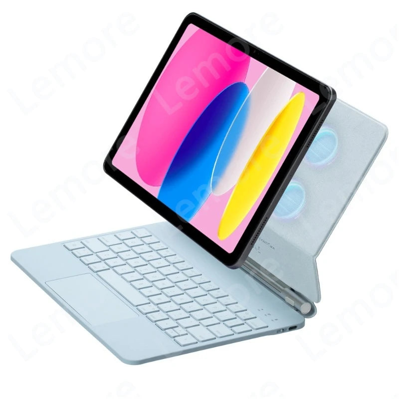 A tablet is shown with a backlit magic keyboard case attached, displaying a colorful graphic on the screen.