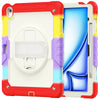 A red and yellow heavy duty shockproof iPad case with a built-in screen protector, kickstand, and shoulder strap.