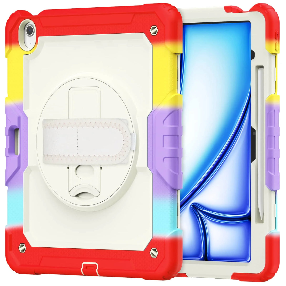 A red and yellow heavy duty shockproof iPad case with a built-in screen protector, kickstand, and shoulder strap.