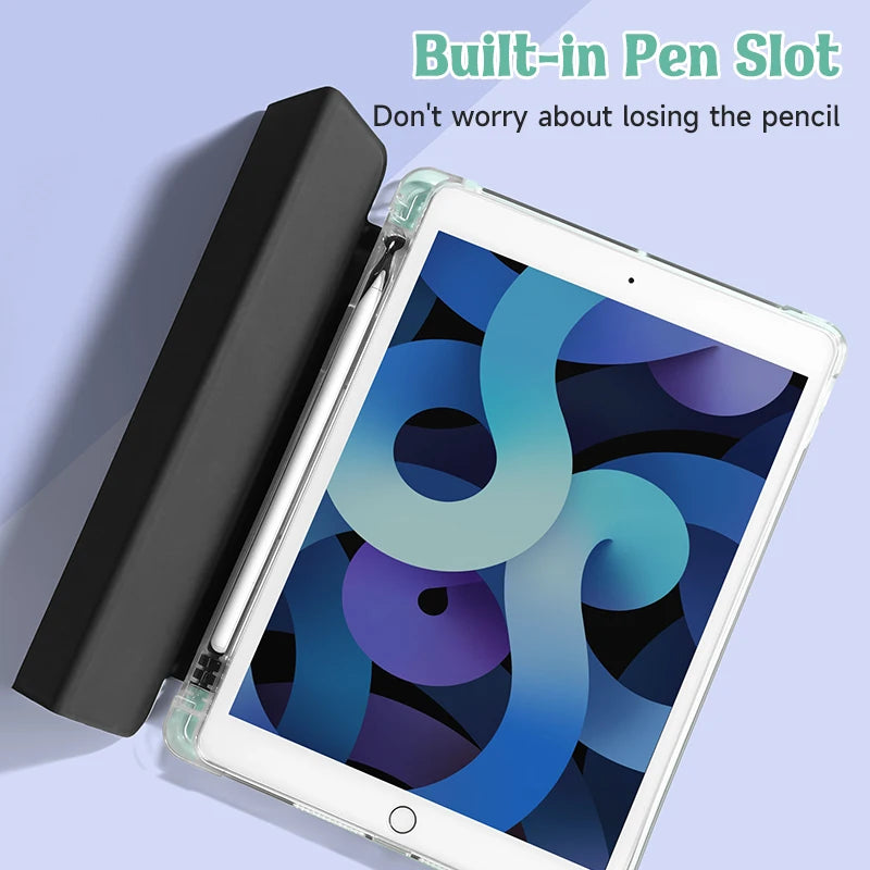 A blue iPad case with a built-in pen slot is shown next to a black pencil holder.